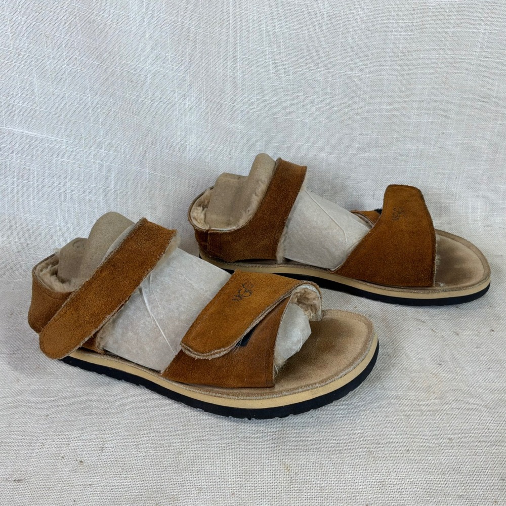 UGG Australia Women 8 Chestnut Brown Suede Shearling Lined Sz 8 Slides EUC